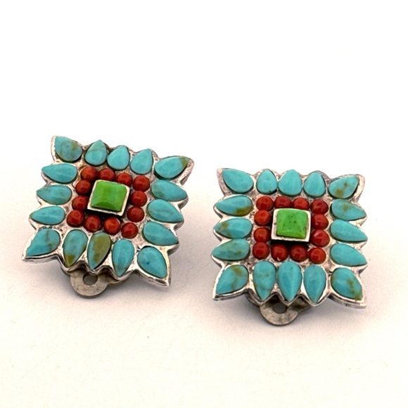 Sterling and turquoise square 925 Sterling Silver clip on earrings - Picture 1 of 4